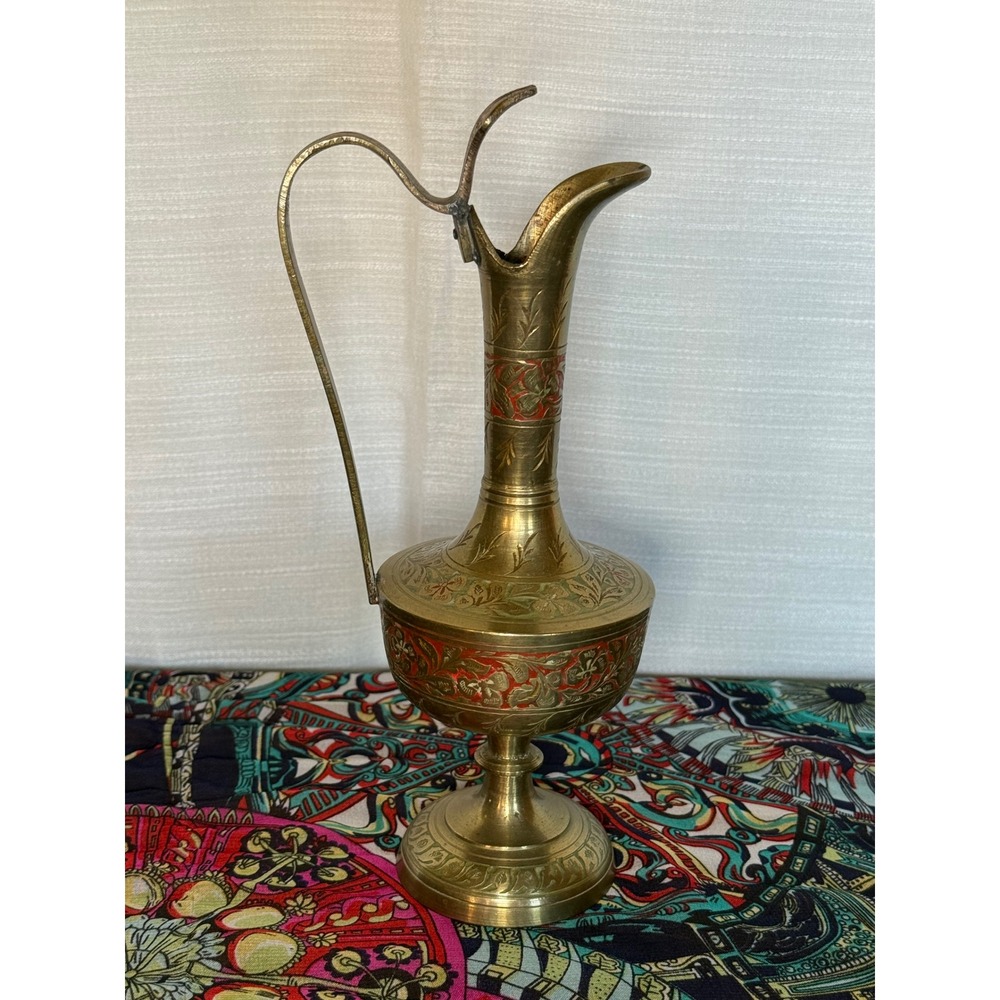 Vintage Etched Brass Ewer Pitcher Red Enamel Floral India Decor 9"